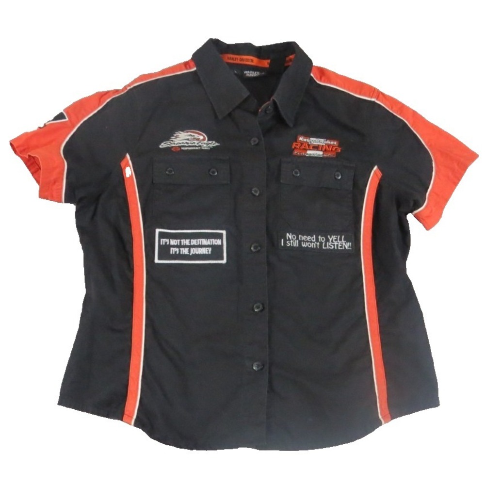 Harley Davidson VTG 00s Screamin Eagle Racing Shirt Women XL Black Orange Biker
